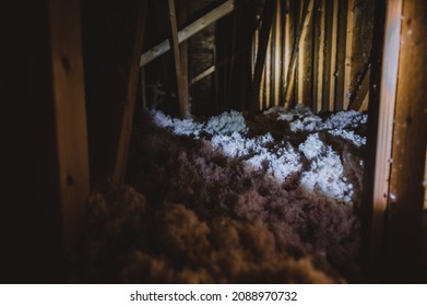 Dark Attic With Loose Blown Insulation Seen Throughout. 