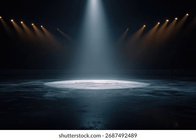 4ï¸âƒ£ A dark background with spotlights illuminates an empty ice hockey rink. The spotlight is focused on the center of the stage. --ar 3:2 --v 7 Job ID: ef9edb06-418a-4fae-9d6b-b22e7b555fc6