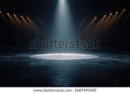 4ï¸âƒ£ A dark background with spotlights illuminates an empty ice hockey rink. The spotlight is focused on the center of the stage. --ar 3:2 --v 7 Job ID: ef9edb06-418a-4fae-9d6b-b22e7b555fc6