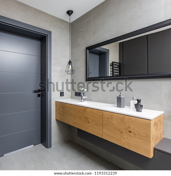 Dark Bathroom Countertop Basin Wooden Cabinet Stock Photo Edit