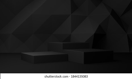Dark black 3d background with geometric shapes, podium on the floor. Platforms for product presentation, background. Abstract composition design, showcase product is black , copy space