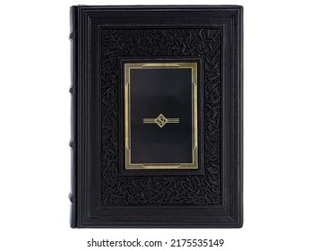 Dark Black Leather Mockup Book With Cover Color Isolated On White Background, Front View. With Empty Lable And Metal Fittings.