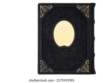 Dark Black Leather Mockup Book With Cover Color Isolated On White Background, Front View. With Empty Lable And Metal Fittings.