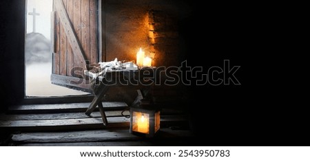 Dark black retro antique Jewish home gospel trough straw hay bed light sky text space story. Mary jew son child Lord holy saint bless pray love faith hope pain path road even lamp cathol concept scene
