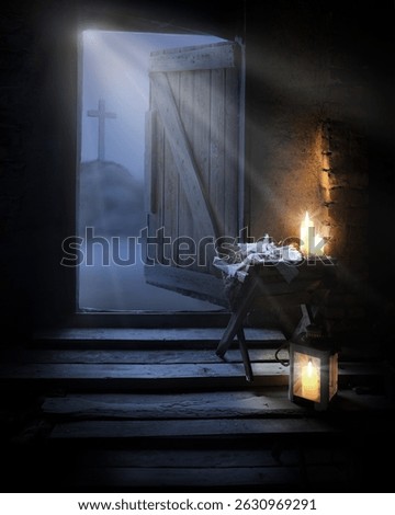Dark black retro antique Jewish home gospel trough straw hay bed light sky text space story. Mary jew son child Lord holy saint bless pray love faith hope pain path road even lamp cathol concept scene