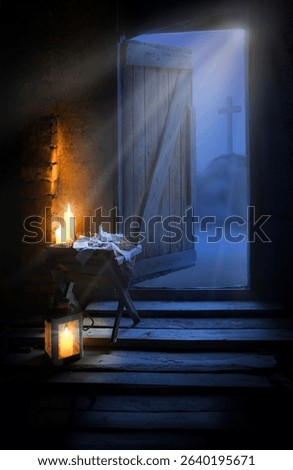 Dark black retro antique Jewish home gospel trough straw hay bed light sky text space story. Mary jew son child Lord holy saint bless pray love faith hope pain path road even lamp cathol concept scene