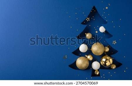 A dark blue backdrop hosts a stylized Christmas tree adorned with gold glitter balls and white spheres, perfect for holiday greetings, seasonal decor and festive celebration visuals