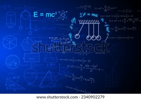 Dark blue background image, mathematical equations containing Albert Einstein's theory and Isaac Newton's laws of motion. Kinetic energy transfer, momentum and other geometrical equations.