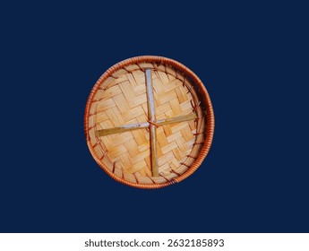 The dark blue background in the picture is a pattern of brown rattan weaving. It is a beautiful and unique pattern. It is hand-woven using natural materials and decorated with a little color.