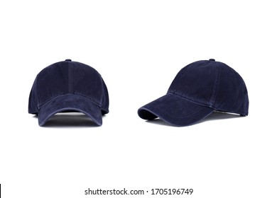 Dark Blue Baseball Cap Isolated On White Background, Front And Side View