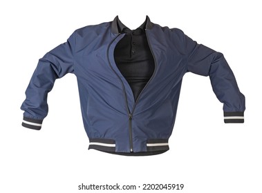 Dark Blue Bomber Jacket With Hood And Black Sweater Isolated On White Background