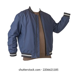 Dark Blue Bomber Jacket With Hood And Brown Sweater Isolated On White Background