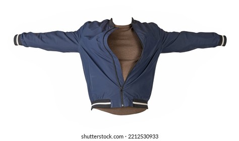 Dark Blue Bomber Jacket With Hood And Brown Sweater Isolated On White Background