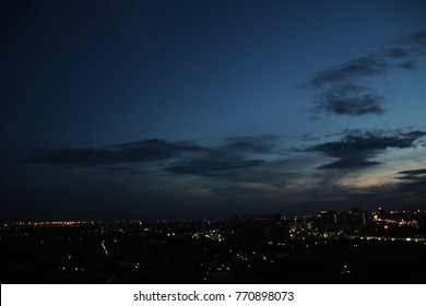 Dark Blue Cloud With White Light Sky Background And City Light Midnight Evening Time
