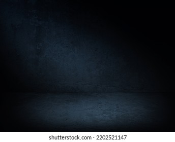 
Dark Blue Concrete Background With Lighting. Urban Empty  Concrete Room In The Dark Texture. Photography Studio Or Product Display Backdrop For Mock Up.