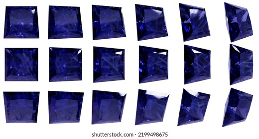 Dark Blue Diamonds Sapphire Cut Princess Stone Luxury, Angles Set Isolated On White Background