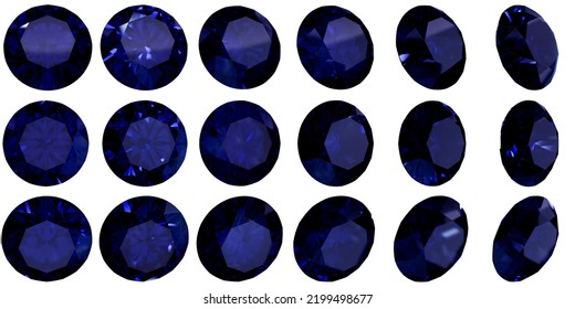 Dark Blue Diamonds Sapphire Cut Circle Stone Luxury, Angles Set Isolated On White Background