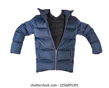 dark blue down jacket with hood and black sweater isolated on white background - Shutterstock ID 2256891391