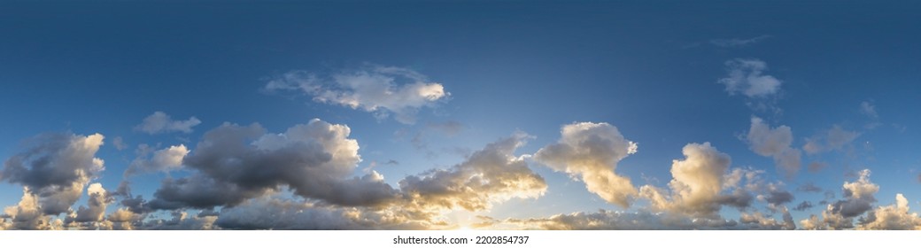 Dark blue evening sky panorama with Cumulus clouds. Seamless hdr pano in spherical equirectangular format. Complete zenith for 3D visualization, game and sky replacement for aerial drone 360 panoramas - Shutterstock ID 2202854737