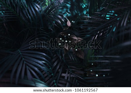 dark blue exotic fantastic portrait of turquoise palm leaves and flower. concept of travel, phone or laptop wallpaper background