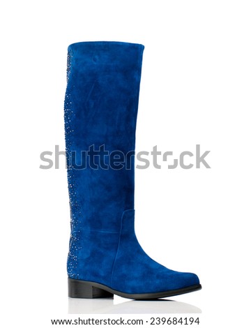 Dark blue female high boot isolated on white background.