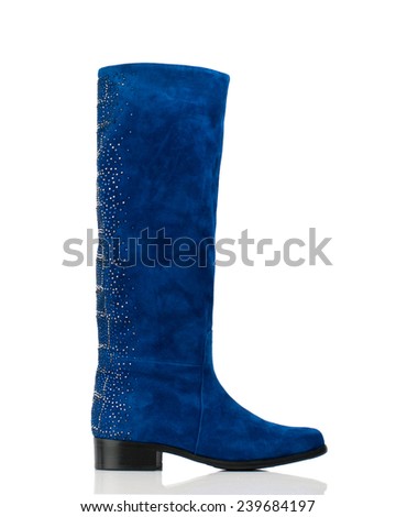Dark blue female high boot isolated on white background.