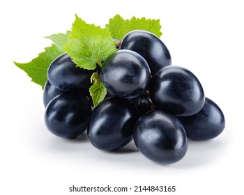 Dark blue grape isolated. Fresh black grape with leaves on white background. Clipping path. Full depth of field.