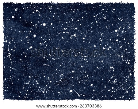 Dark blue hand drawn watercolor night sky with stars. Rough, artistic edges. Splash texture. Raster version.