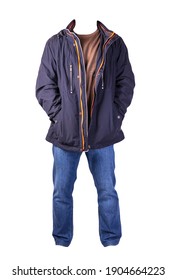 dark blue jacket with zipper, brown sweater and blue jeans isolated on white background. casual fashion clothes
