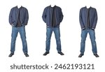 dark blue jeans,black t-shirt ,dark blue bomber jacket and black leather shoes  isolated on white background  .a set of three clothing objects