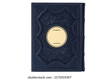 Dark Blue Leather Mockup Book With Cover Color Isolated On White Background, Front View. With Empty Lable And Metal Fittings.