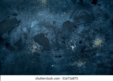 Dark Blue Messy Background. Chaotic Or Disorganized Chef's Kitchen Tabletop With Stains And Poured Sugar Captured From Above (top View).