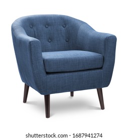 Dunkelblauer Saphir-Sessel. Moderner Designerstuhl auf weißem Hintergrund. Textilstuhl.