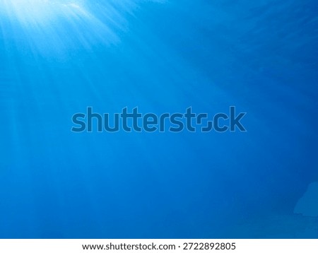 Dark blue ocean surface seen from underwater. Abstract waves underwater and rays of sunlight shining through, Sun light rays undersea deep, Underwater background with sea bottom, Mediterranean sea. Ocean blue underwater with sunrays, Underwaters Sea Deep Water Abstract Sunshine, sea wave , clean waters in summer time, Natural undersea seascape, sand on ocean floor and water surface with sunligh.