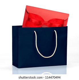 Dark Blue Shopping Bag With Gift On White