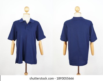 Dark Blue Short Sleeve Collar Shirt On White Background Suitable For Office Workers Made Of Cotton