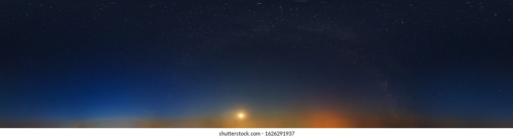 dark blue sky after sunset with beautiful awesome sky with moon and milky way. Seamless hdri panorama 360 degrees angle view with zenith for use in graphics or game development as sky dome
