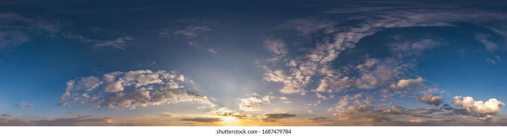 Dark Blue Sky Before Sunset With Beautiful Awesome Clouds. Seamless Hdri Panorama 360 Degrees Angle View With Zenith For Use In Graphics Or Game Development As Sky Dome Or Edit Drone Shot