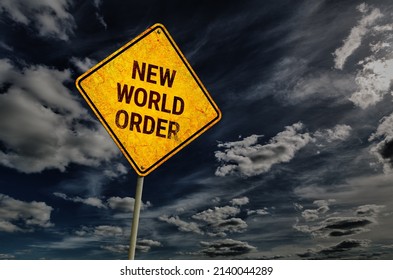 Dark blue sky with cumulus clouds and yellow rhombic road sign with text New World Order