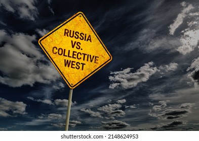 Dark blue sky with cumulus clouds and yellow rhombic road sign with text Russia vs. Collective West
