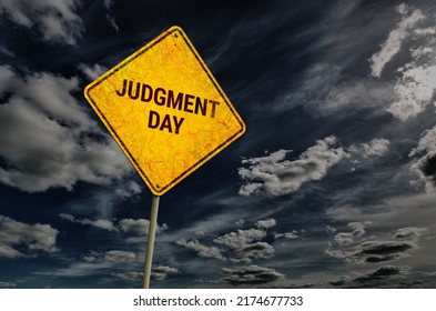 Dark blue sky with cumulus clouds and yellow rhombic road sign with text Judgment Day