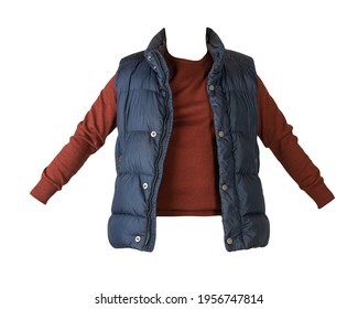 Dark Blue Sleeveless Jacket And Burgundy Sweater Isolated On White Background. Casual Wear