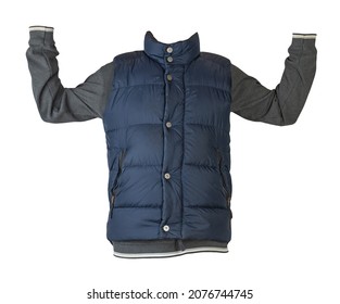 Dark Blue Sleeveless Jacket And Dark Gray Sweater Isolated On White Background. Casual Wear