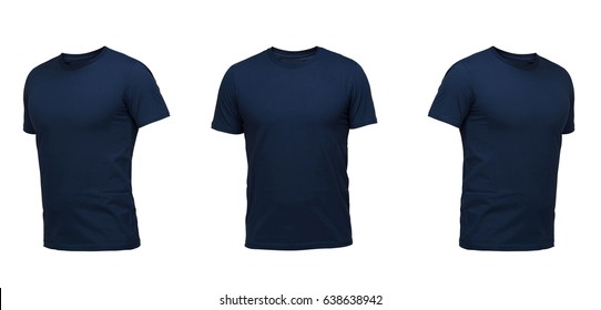 Dark blue sleeveless T-shirt. t-shirt front view three positions on a white background