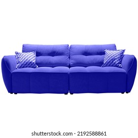 Dark Blue Sofa With Checkered Pillows Isolated. Upholstered Furniture For Living Room. Navy Blue Couch Isolated