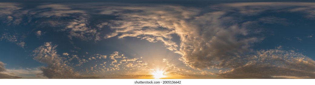 Dark blue sunset sky pano with Cumulus clouds. Seamless hdr panorama in spherical equirectangular format. Complete zenith for 3D visualization, game and sky replacement for aerial drone 360 panoramas. - Shutterstock ID 2005136642