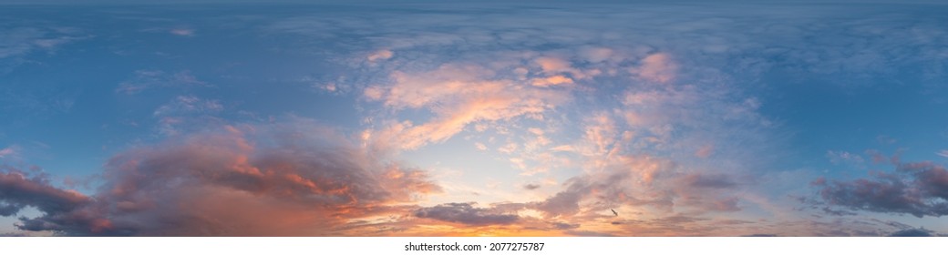 Dark blue sunset sky panorama with Cirrus clouds. Seamless hdr pano in spherical equirectangular format. Complete zenith for 3D visualization, game and sky replacement for aerial drone 360 panoramas. - Shutterstock ID 2077275787