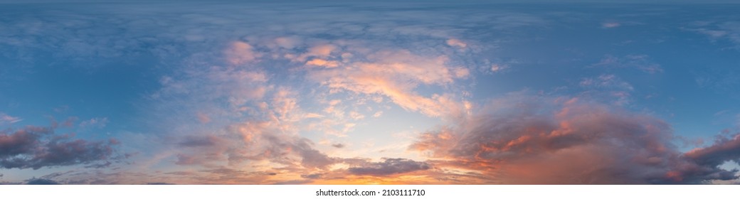 Dark blue sunset sky panorama with Cirrus clouds. Seamless hdr pano in spherical equirectangular format. Complete zenith for 3D visualization, game and sky replacement for aerial drone 360 panoramas.