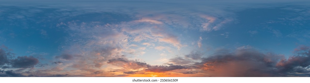 Dark blue sunset sky panorama with Cirrus clouds. Seamless hdr pano in spherical equirectangular format. Complete zenith for 3D visualization, game and sky replacement for aerial drone 360 panoramas. - Shutterstock ID 2106561509
