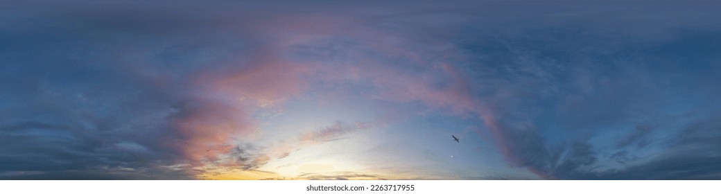 Dark blue sunset sky panorama with pink Cumulus clouds. Seamless hdr 360 pano in spherical equirectangular format. Full zenith for 3D visualization, game, sky replacement for aerial drone panoramas - Shutterstock ID 2263717955